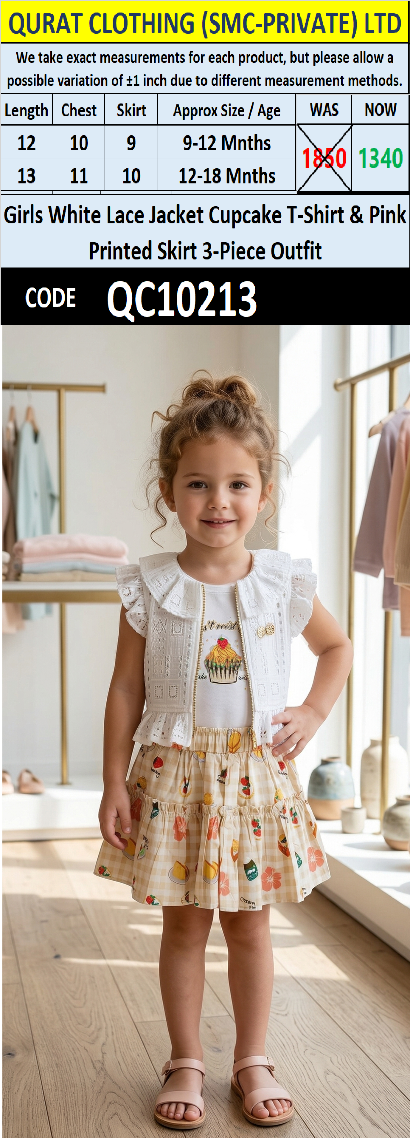 Girls White Lace Jacket Cupcake T-Shirt & Pink Printed Skirt 3-Piece Outfit – QC10213 - QC10213