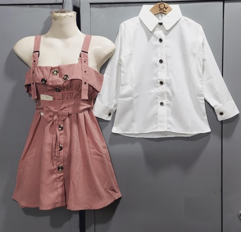 Dusty Rose Pinafore Dress Two Piece Set with White Button-Down Shirt & Bow Detail – QC6033 - QC6033