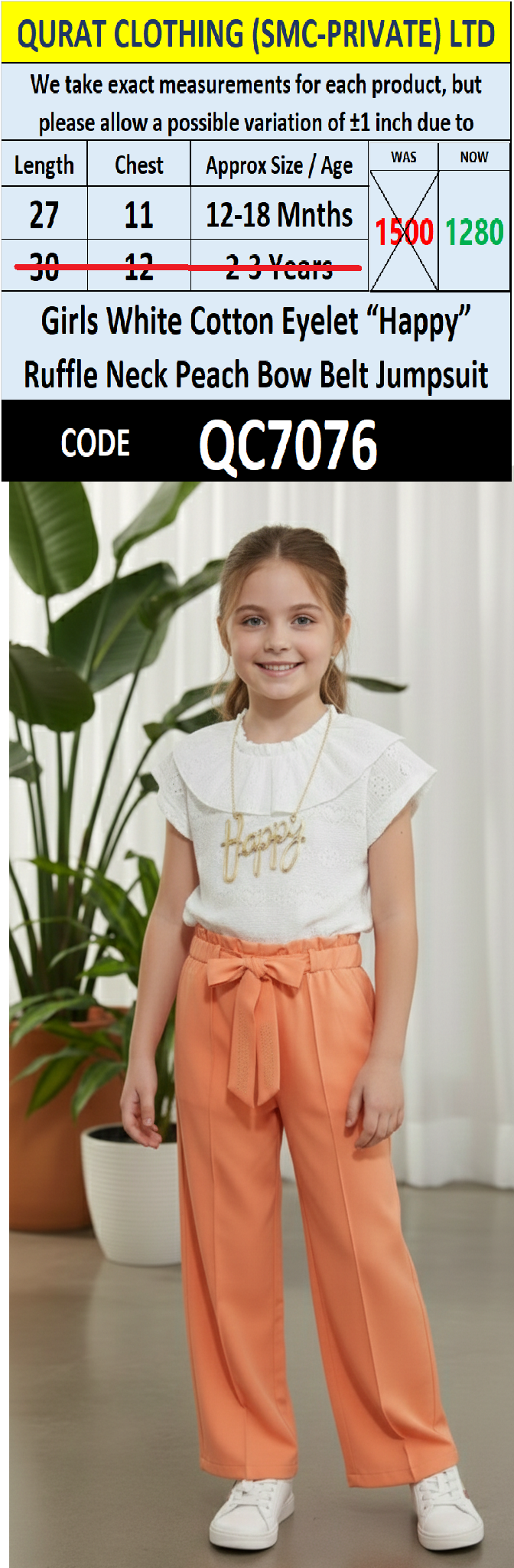 Girls White Cotton Eyelet “Happy” Ruffle Neck Peach Bow Belt Jumpsuit QC7076 - QC7076