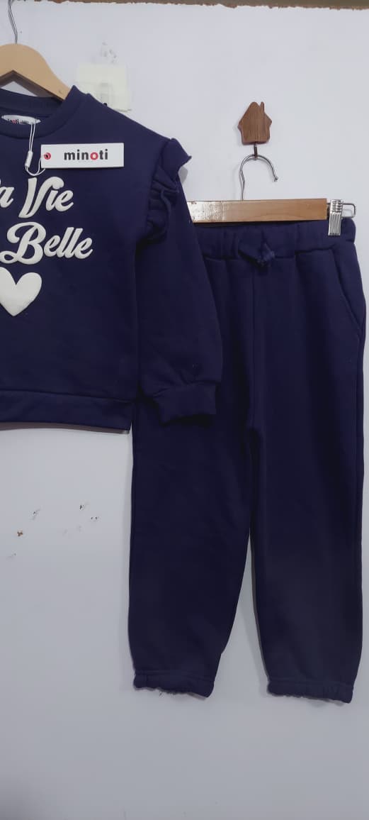 Branded Export Navy Blue La Vie Est Belle Ruffle Thick Fleece 2-Piece Tracksuit Minoti EXPORT - London QC11740 - QC11740