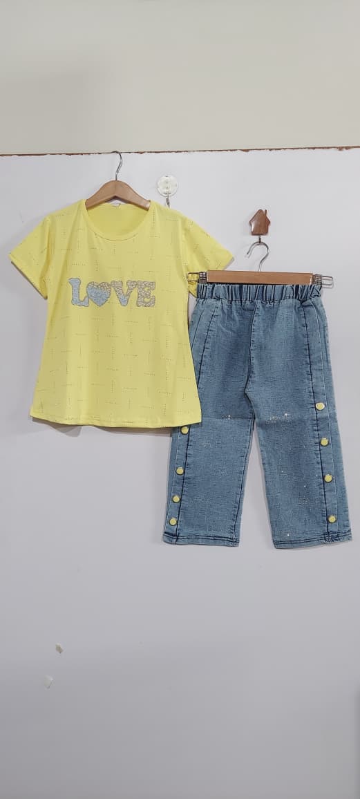 Girls Yellow LOVE Graphic T-Shirt with Blue Denim Button Capri Pants Casual Outfit - QC10267 - QC10267