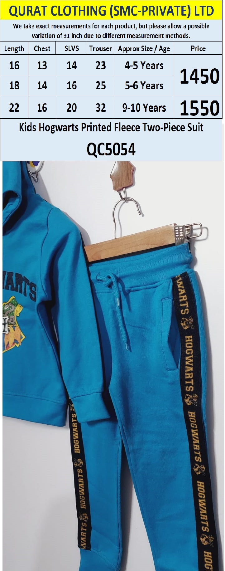 Kids Blue “Hogwarts” Printed Fleece Two-Piece Suit QC5054  - QC5054