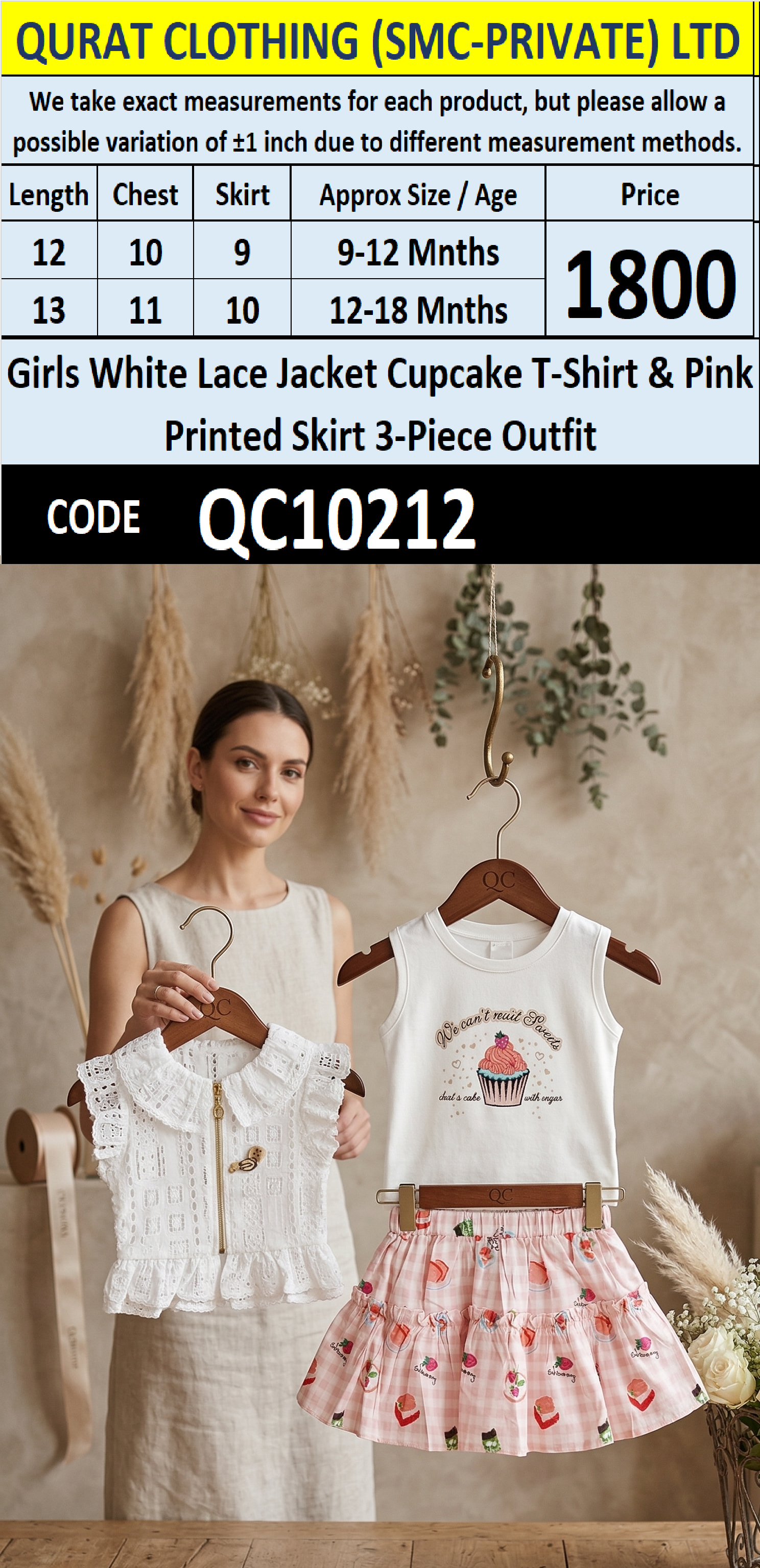Girls White Lace Jacket Cupcake T-Shirt & Pink Printed Skirt 3-Piece Outfit – QC10212 - QC10212