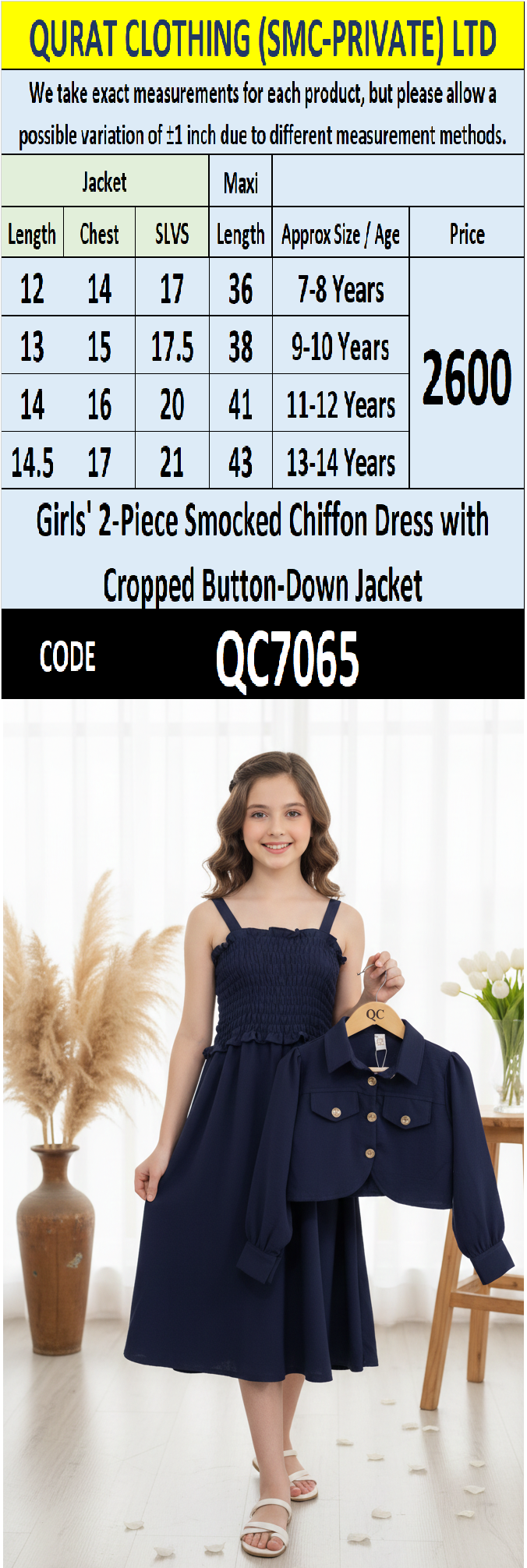 Girls Navy Blue Smocked Chiffon Maxi Dress with Cropped Button-Down Jacket – 2 Piece Formal Set QC7065 - QC7065