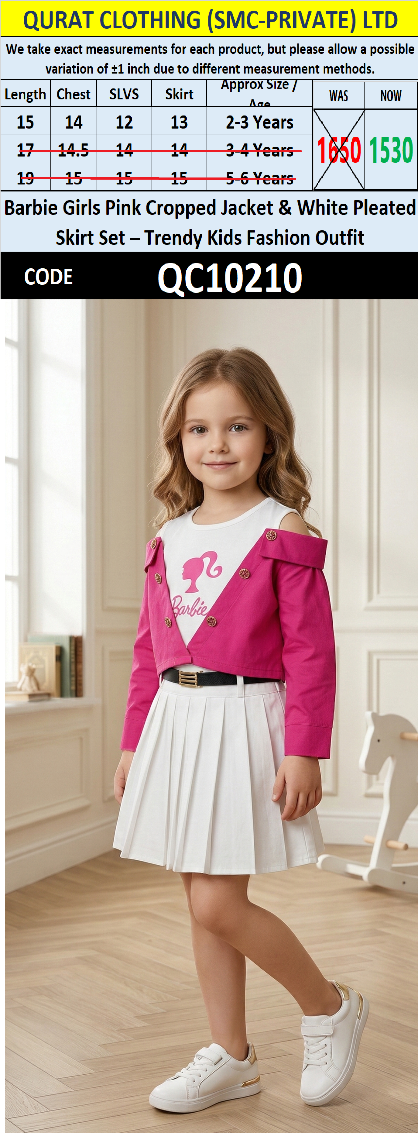 Barbie Girls Pink Cropped Jacket & White Pleated Skirt Set – Trendy Kids Fashion Outfit – QC10210 - QC10210