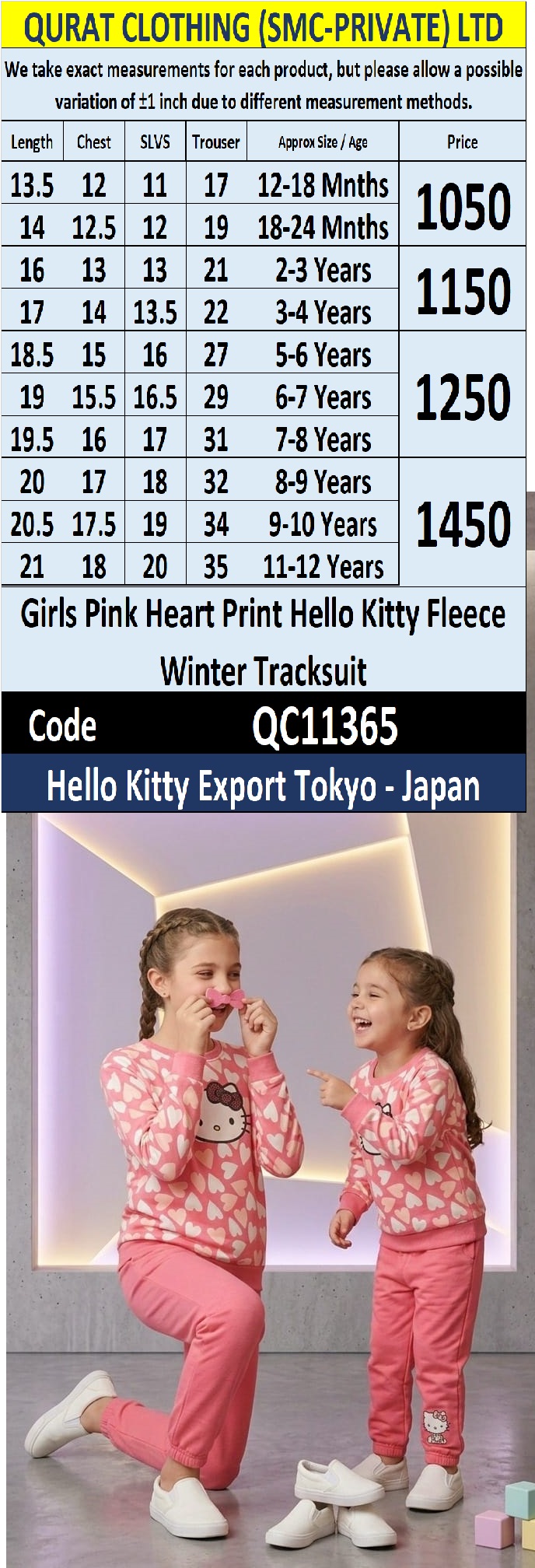 Girls Pink Heart Print Hello Kitty Fleece Winter Tracksuit – Hello Kitty Export Tokyo Japan QC11365 - QC11365