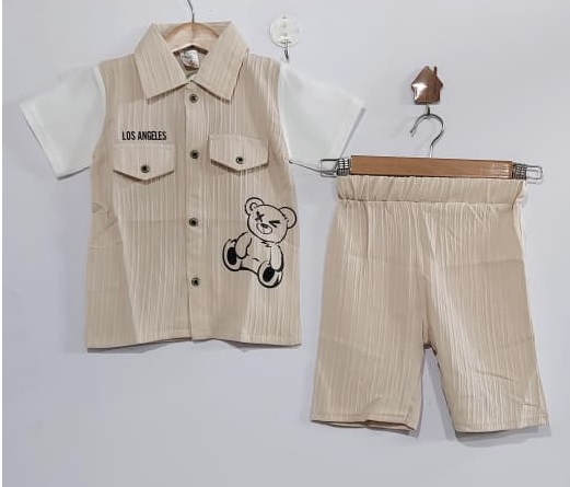 Boys Beige Los Angeles Teddy Bear Graphic Shirt & Shorts Summer Outfit – QC10274 - QC10274
