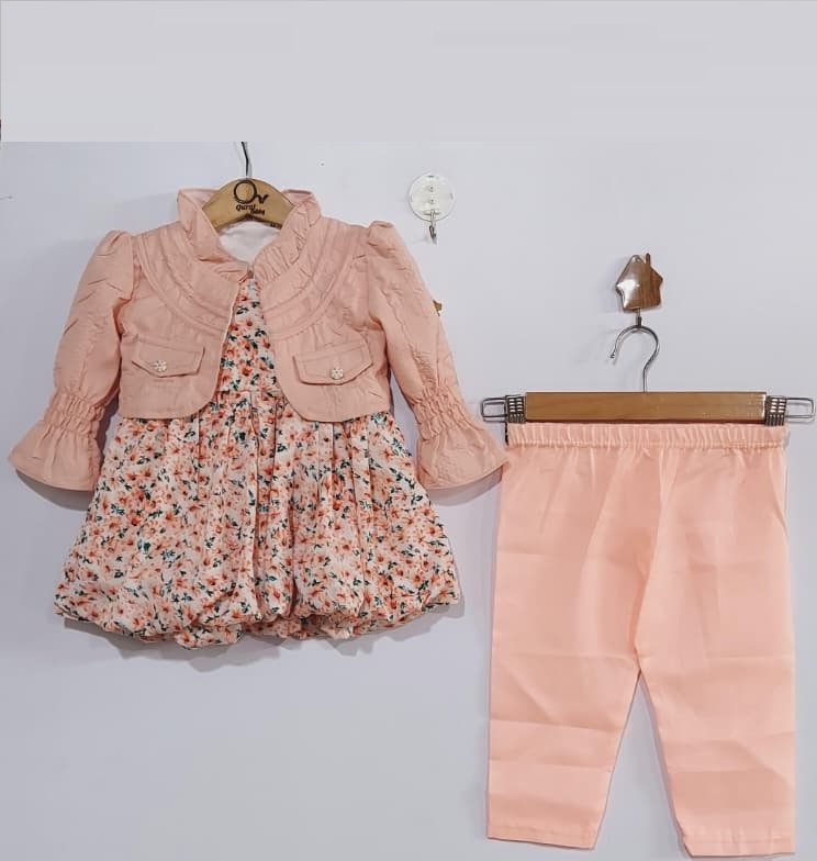 Blush Pink Floral Dress with Cropped Ruffle Jacket & Matching Trouser – Girls 3 Piece Outfit QC7069 - QC7069