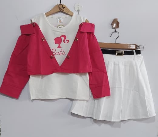Barbie Girls Pink Cropped Jacket & White Pleated Skirt Set – Trendy Kids Fashion Outfit – QC10210 - QC10210