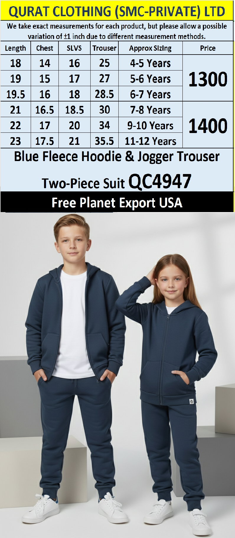 Free Planet Brand Blue Fleece Hoodie & Jogger Trouser Two-Piece Suit QC4947 – Export USA - QC4947