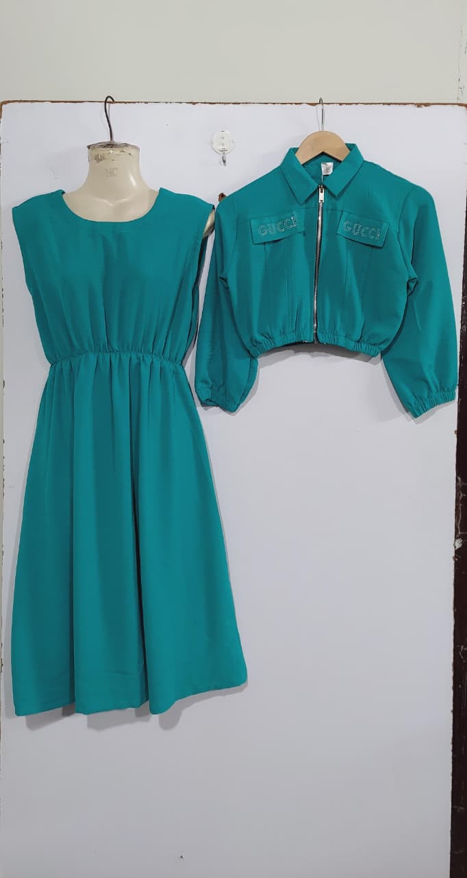 Emerald Teal Green Girls 2-Piece Zip Jacket & Elastic Waist Maxi Dress Set – Embellished Pocket Detail QC7059 - QC7059