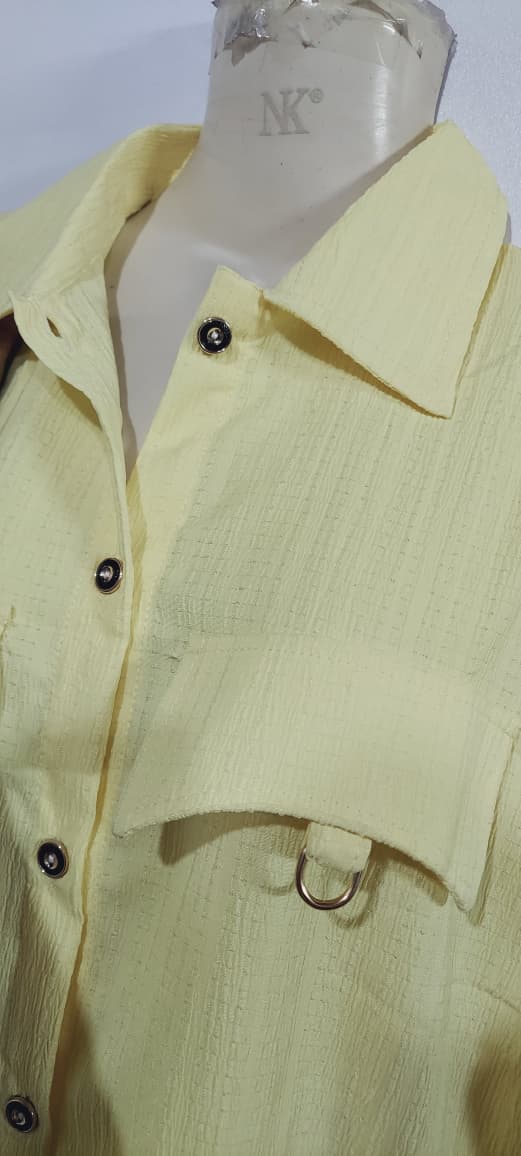 Soft Lemon Yellow China Crush Textured Button-Down Long Shirt – Elegant Modest Wear Tunic QC7001 - QC7001