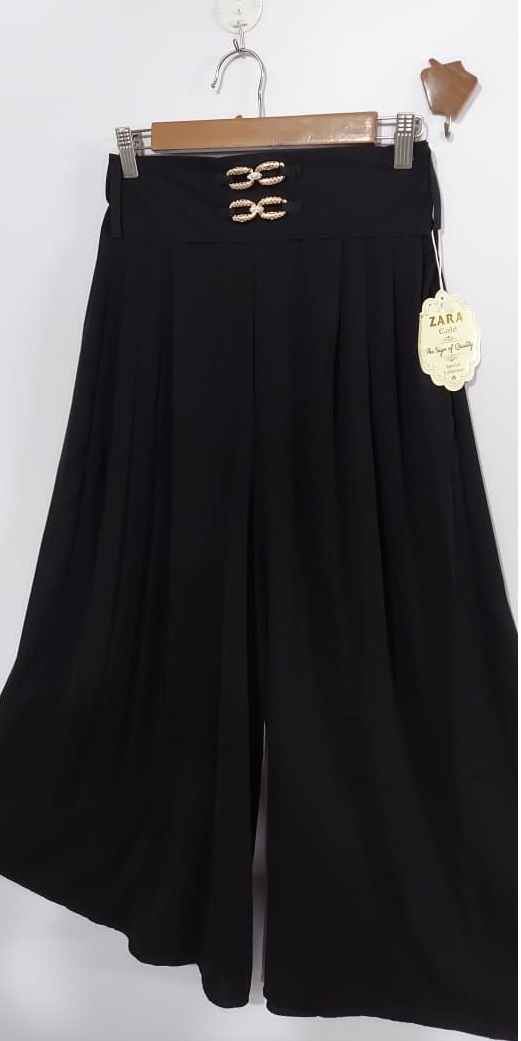 Black Georgette Pleated Wide-Leg Plazo with Gold Double Buckle Waist – QC6042 - QC6042
