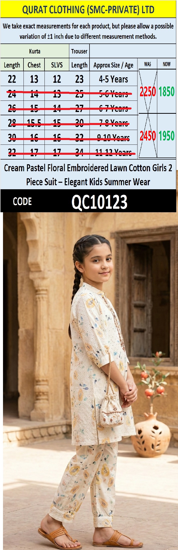 Cream Pastel Floral Embroidered Lawn Cotton Girls 2 Piece Suit – Elegant Kids Summer Wear QC10123 - QC10123
