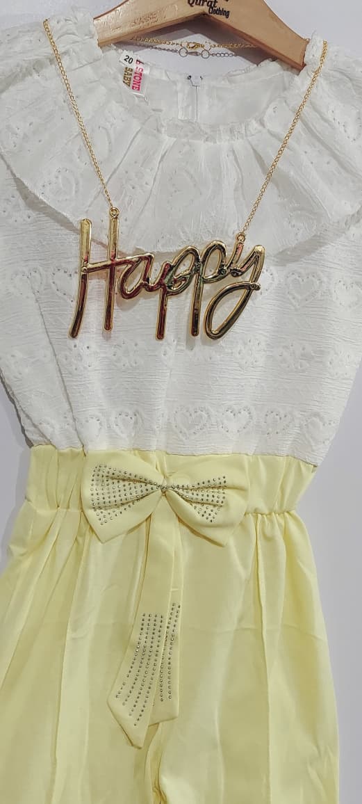 Girls White Cotton Eyelet “Happy” Ruffle Neck Lemon Yellow Bow Belt Jumpsuit QC7074 - QC7074