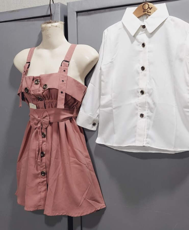 Dusty Rose Pinafore Dress Two Piece Set with White Button-Down Shirt & Bow Detail – QC6033 - QC6033
