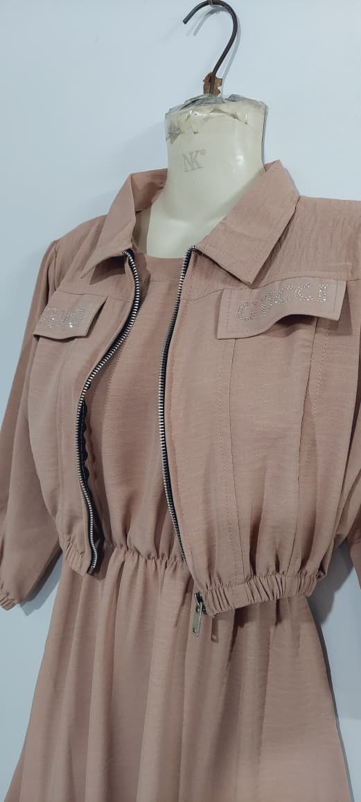 Dusty Rose 2-Piece Zip Jacket & Elastic Waist Maxi Dress Set for Girls – Embellished Pocket Detail - QC7060 - QC7060