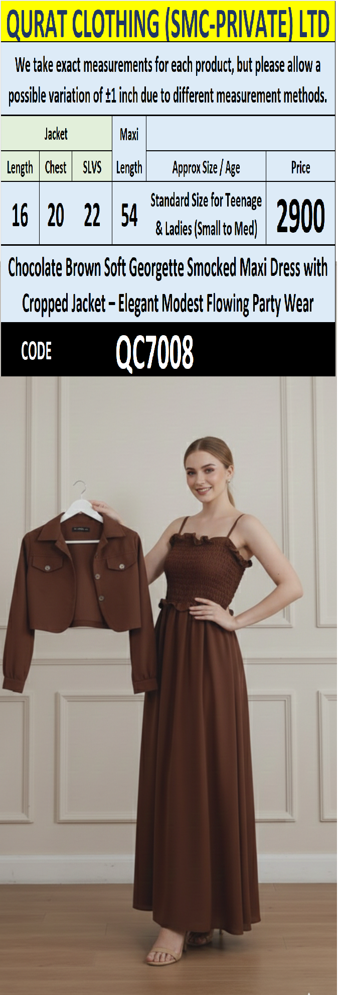 Chocolate Brown Soft Georgette Smocked Maxi Dress with Cropped Jacket – Elegant Modest Flowing Party Wear – QC7008 - QC7008