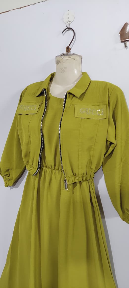 Olive Green Girls 2-Piece Zip Jacket & Elastic Waist Maxi Dress Set – Embellished Pocket Detail– QC7057 - QC7057