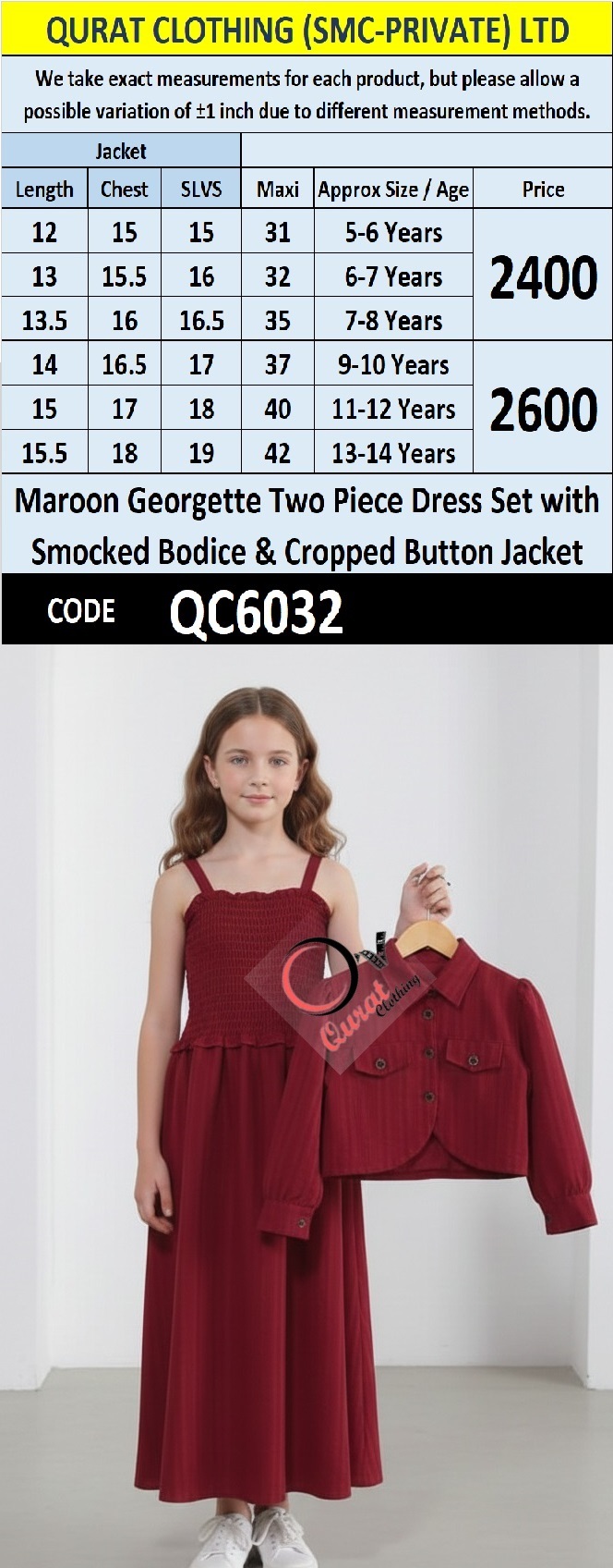 Maroon Georgette Two Piece Dress Set with Smocked Bodice & Cropped Button Jacket – QC6032 - QC6032