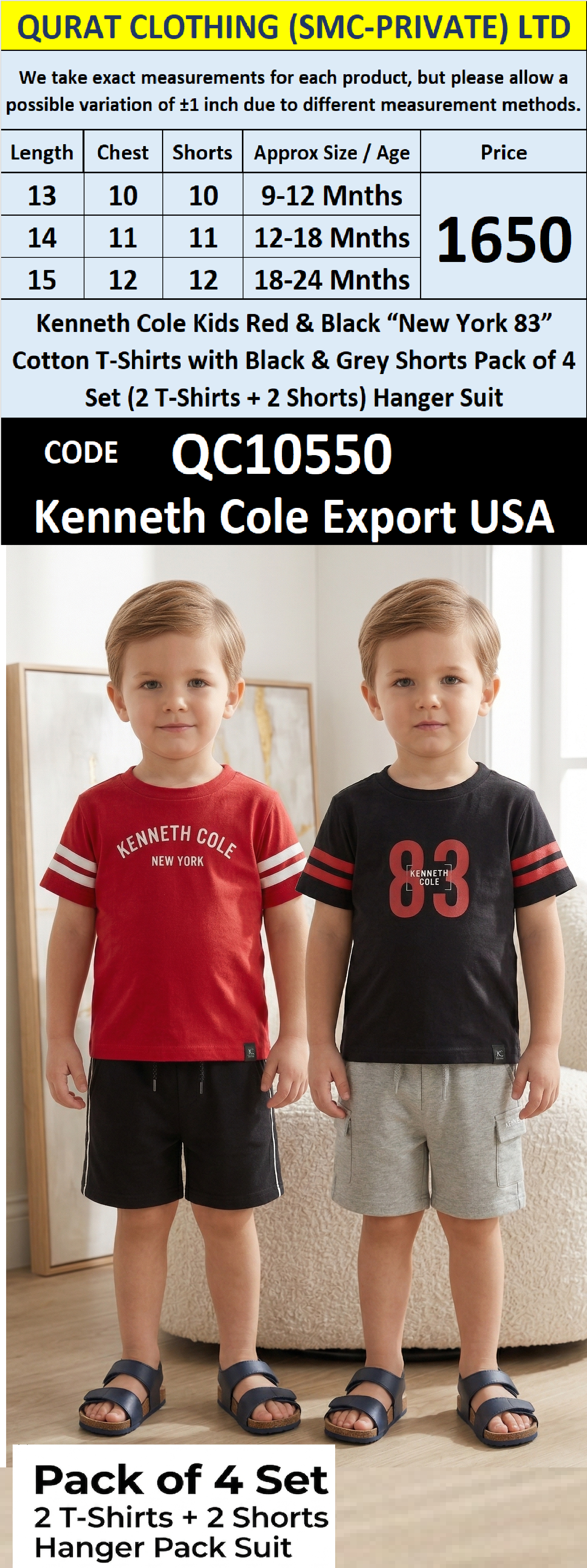 Kenneth Cole Kids Red & Black “New York 83” Cotton T-Shirts with Black & Grey Shorts Pack of 2 Set (2 T-Shirts + 2 Shorts) Hanger Suit Export USA QC10550 - QC10550