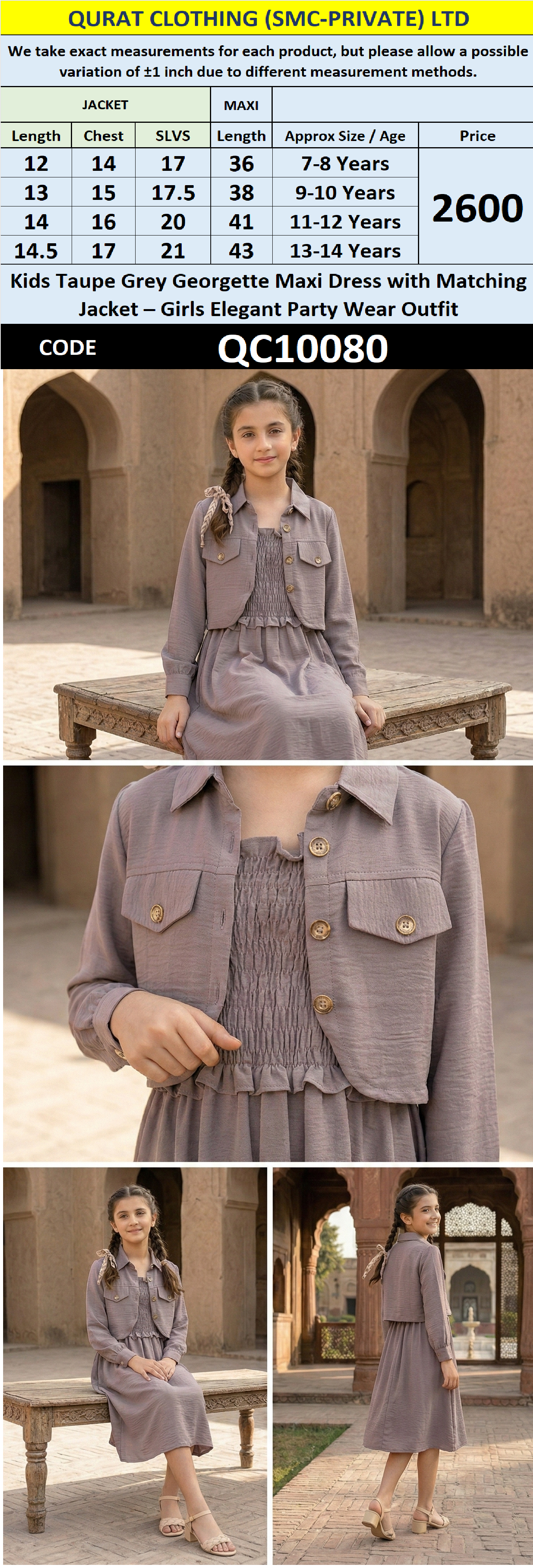 Kids Taupe Grey Georgette Maxi Dress with Matching Jacket – Girls Elegant Party Wear Outfit QC10080 - QC10080