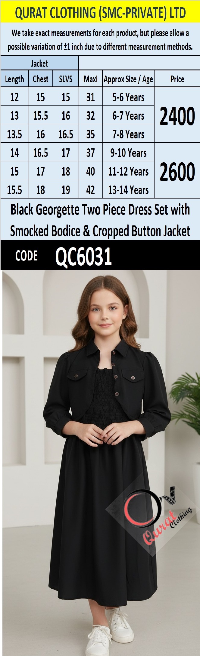 Black Georgette Two Piece Dress Set with Smocked Bodice & Cropped Button Jacket – QC6031 - QC6031