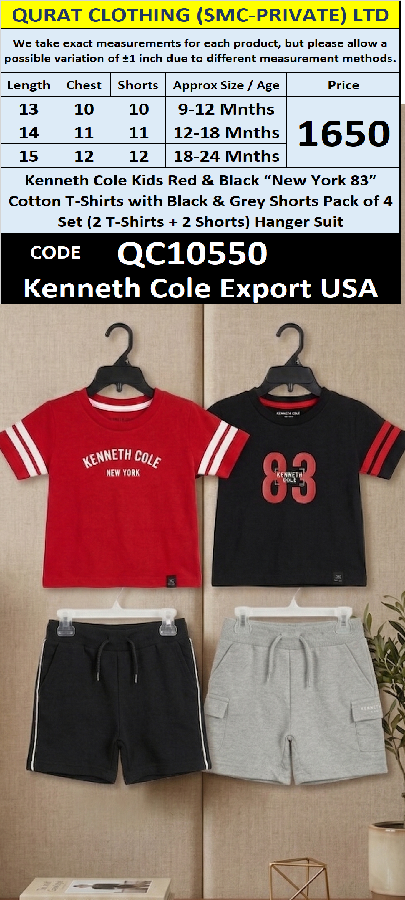 Kenneth Cole Kids Red & Black “New York 83” Cotton T-Shirts with Black & Grey Shorts Pack of 2 Set (2 T-Shirts + 2 Shorts) Hanger Suit Export USA QC10550 - QC10550