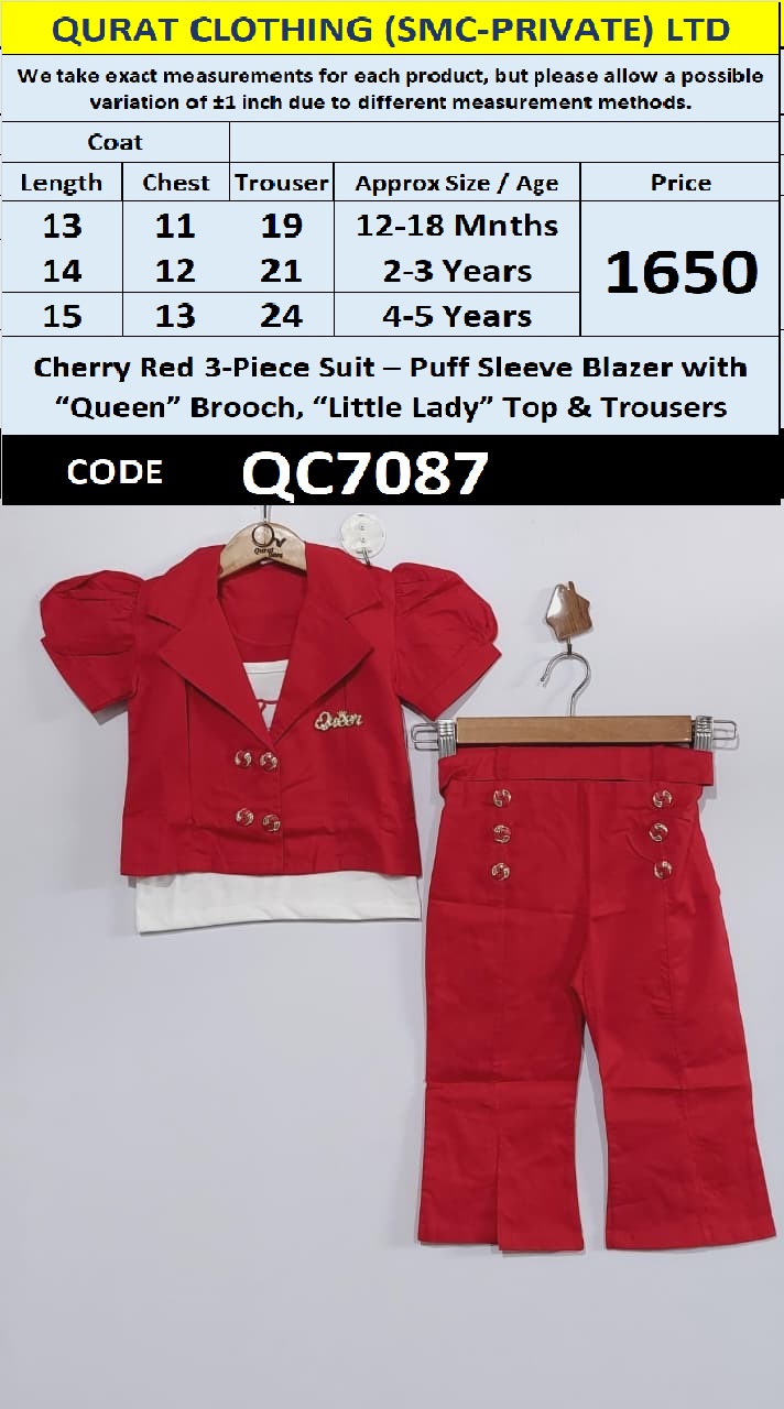 Cherry Red 3-Piece Suit – Puff Sleeve Blazer with “Queen” Brooch, “Little Lady” Top & Trousers QC7087 - QC7087