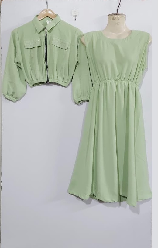 Pistachio Green Girls 2-Piece Zip Jacket & Elastic Waist Maxi Dress Set – Embellished Pocket Detail QC7058 - QC7058