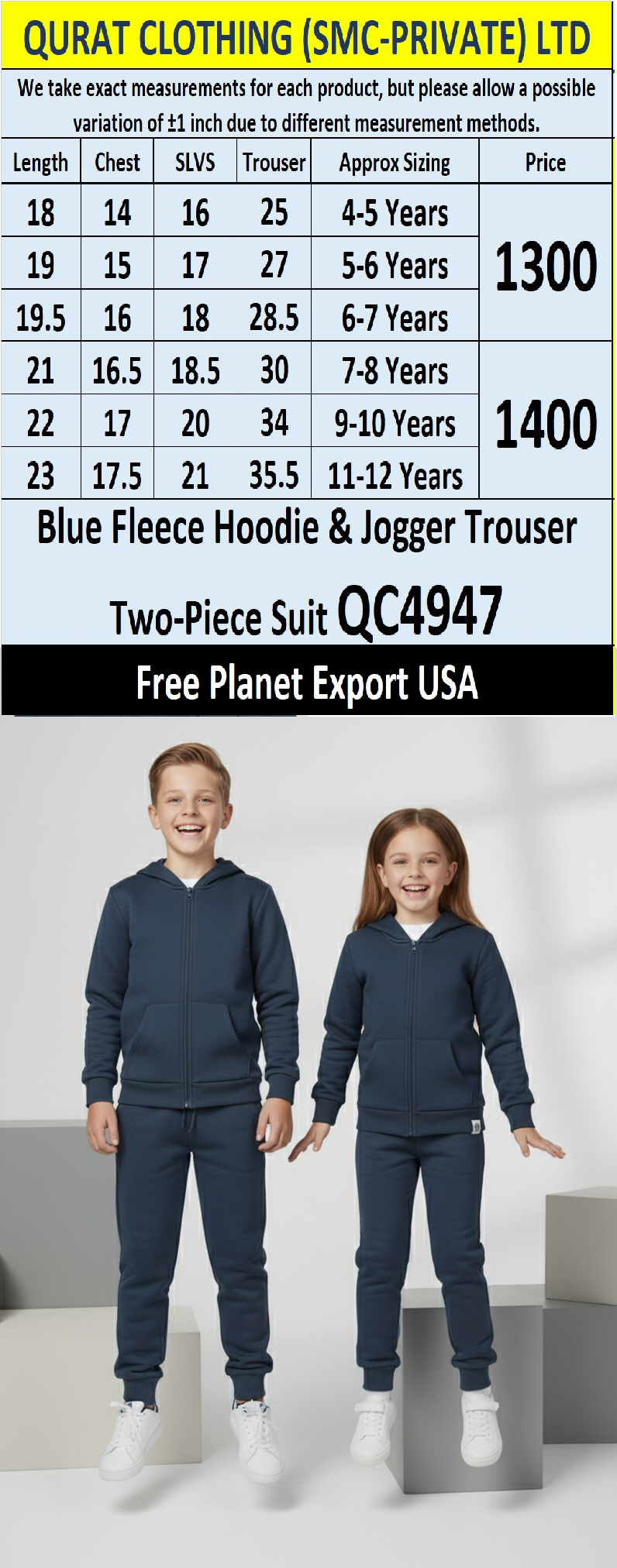 Free Planet Brand Blue Fleece Hoodie & Jogger Trouser Two-Piece Suit QC4947 – Export USA - QC4947