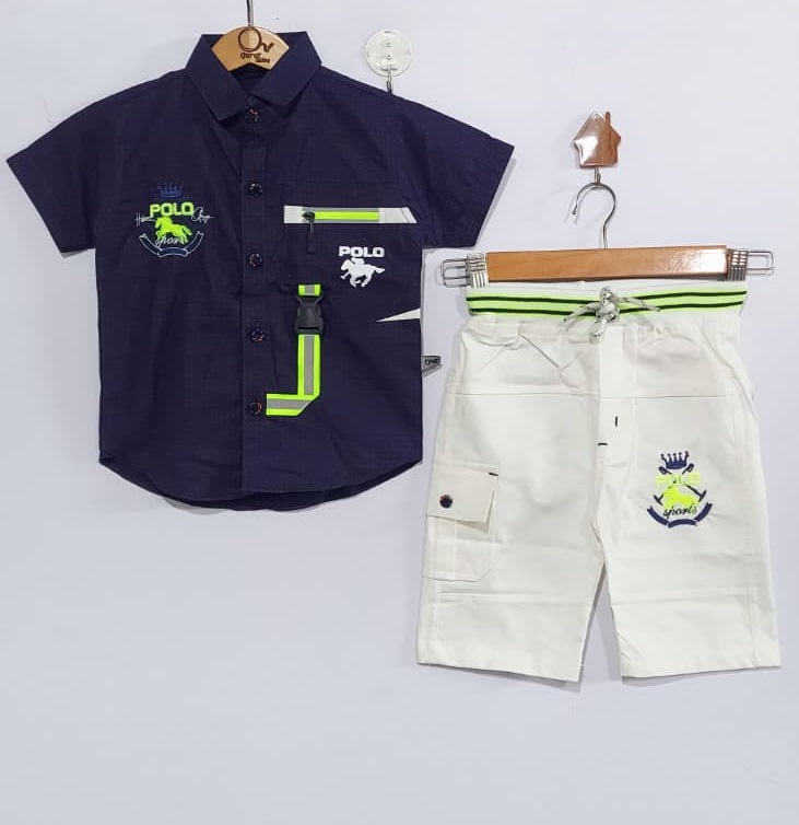 Navy Blue Cotton “POLO” Print Shirt with Light Grey Cargo Shorts Boys Summer Set QC7045 -  QC7045