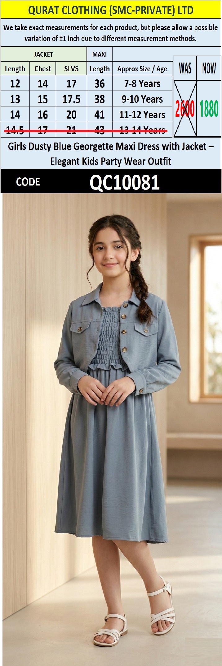 Girls Dusty Blue Georgette Maxi Dress with Jacket – Elegant Kids Party Wear Outfit QC10081 - QC10081