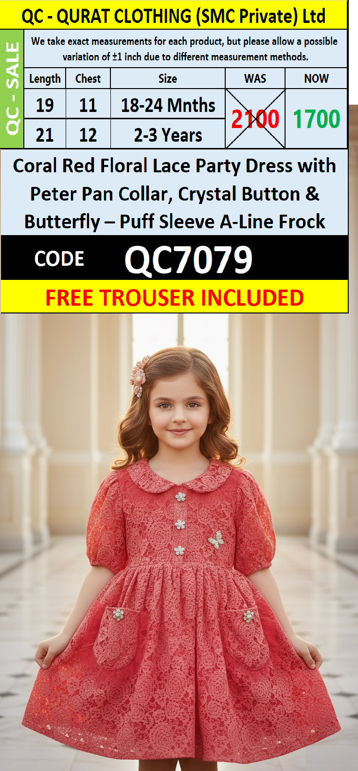 Coral Red Floral Lace Party Dress with Peter Pan Collar, Crystal Button & Butterfly – Puff Sleeve A-Line Frock QC7079 - QC7079