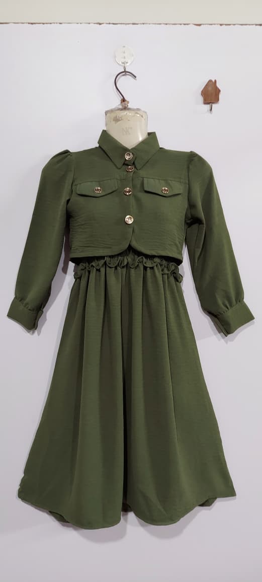 Girls Olive Green Smocked Chiffon Maxi Dress with Cropped Button-Down Jacket – 2 Piece Formal Set QC7064 - QC7064