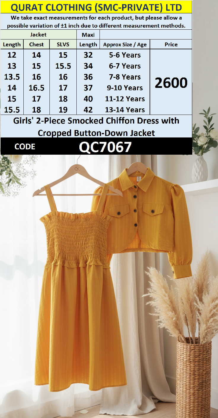 Girls Mustard Yellow Smocked Chiffon Maxi Dress with Cropped Button-Down Jacket – 2 Piece Formal Set QC7067 - QC7067