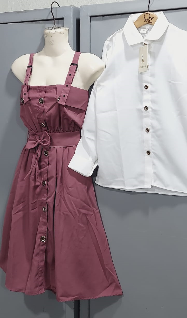 Dusty Mauve Pinafore Dress Two Piece Set with White Button-Down Shirt & Front Bow Detail – QC6036 - QC6036