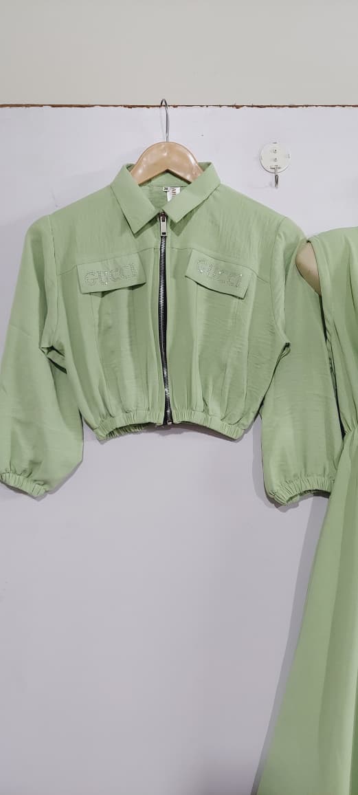 Pistachio Green Girls 2-Piece Zip Jacket & Elastic Waist Maxi Dress Set – Embellished Pocket Detail QC7058 - QC7058