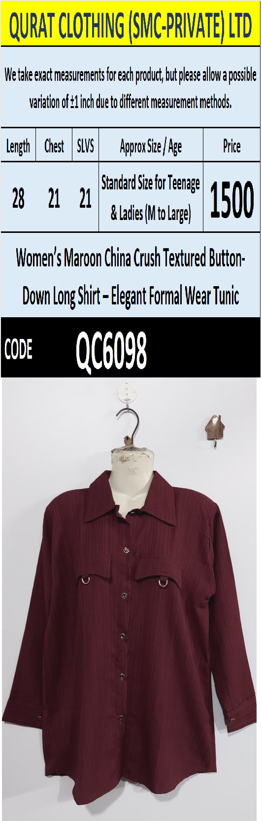 Maroon China Crush Textured Button-Down Long Shirt – Elegant Formal Wear Tunic QC6098 - QC6098