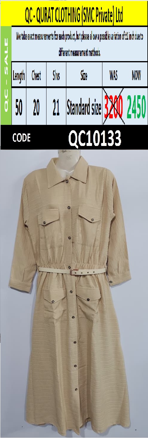 Beige China Crush Fabric Button-Down Maxi Shirt Dress with Utility Pockets & Waist Belt – QC10133 - QC10133