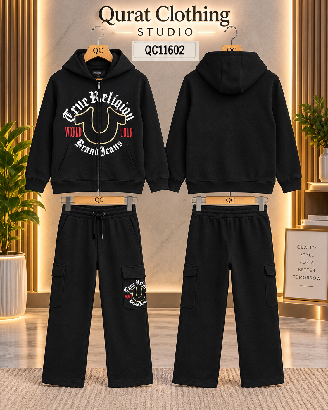 Black True Religion World Tour Brand Jeans Graphic Zip-Up Hoodie & Cargo Jogger FLEECE Tracksuit – Export USA QC11602 - QC11602