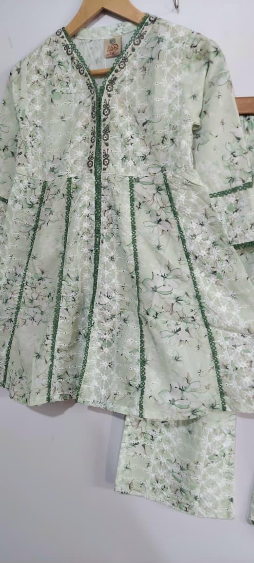 Mint Sage Green Floral Printed & Embroidered Lawn Cotton Girls 2 Piece Suit – Elegant Collection QC10127 - QC10127