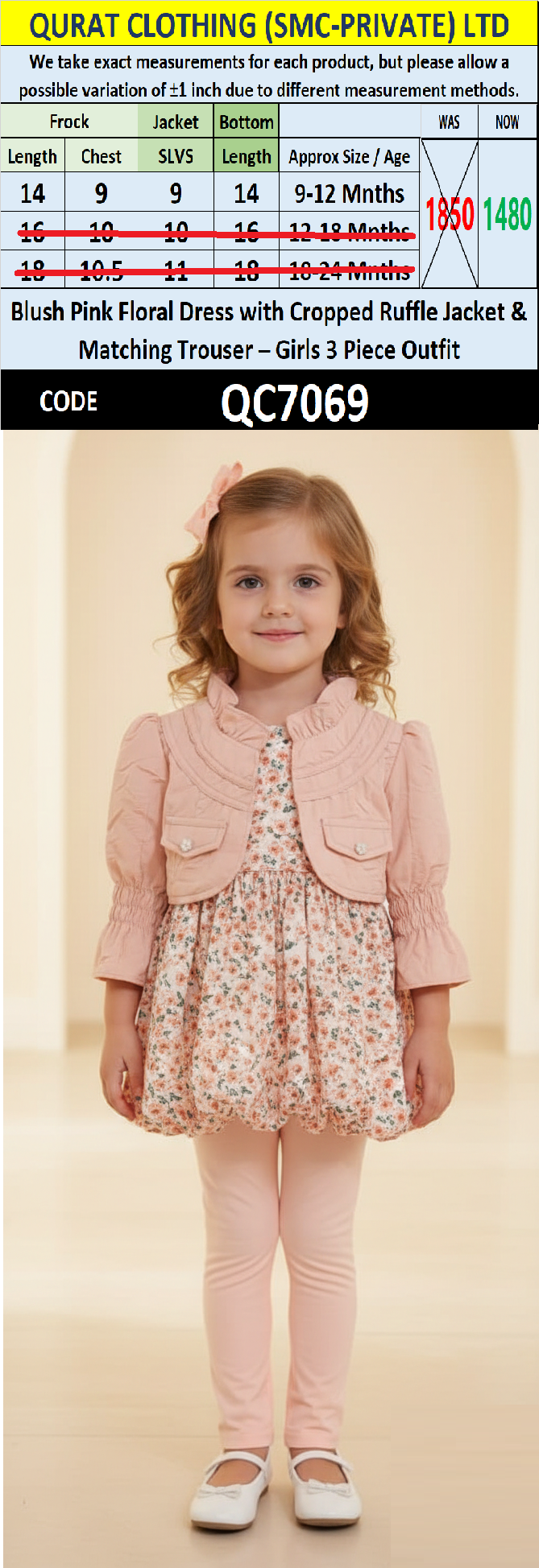 Blush Pink Floral Dress with Cropped Ruffle Jacket & Matching Trouser – Girls 3 Piece Outfit QC7069 - QC7069