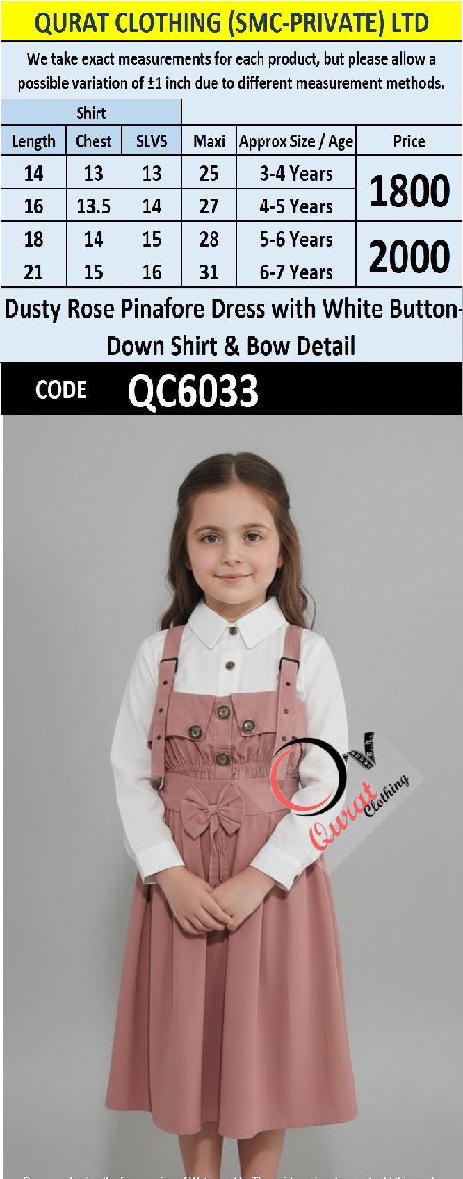 Dusty Rose Pinafore Dress Two Piece Set with White Button-Down Shirt & Bow Detail – QC6033 - QC6033