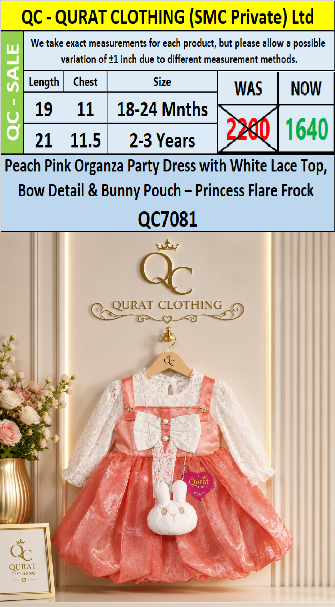 Peach Pink Organza Party Dress with White Lace Top, Bow Detail & Bunny Pouch – Princess Flare Frock QC7081 - QC7081