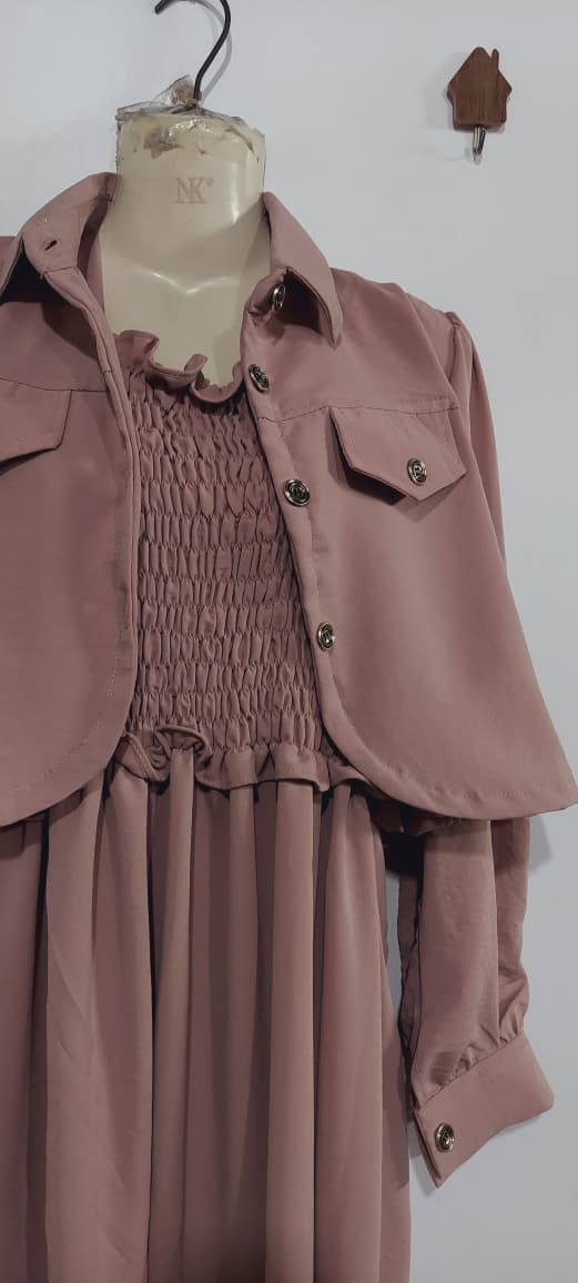 Dusty Rose Soft Georgette Smocked Maxi Dress with Cropped Jacket – Elegant Modest Flowing Party Wear – QC7009 - QC7009