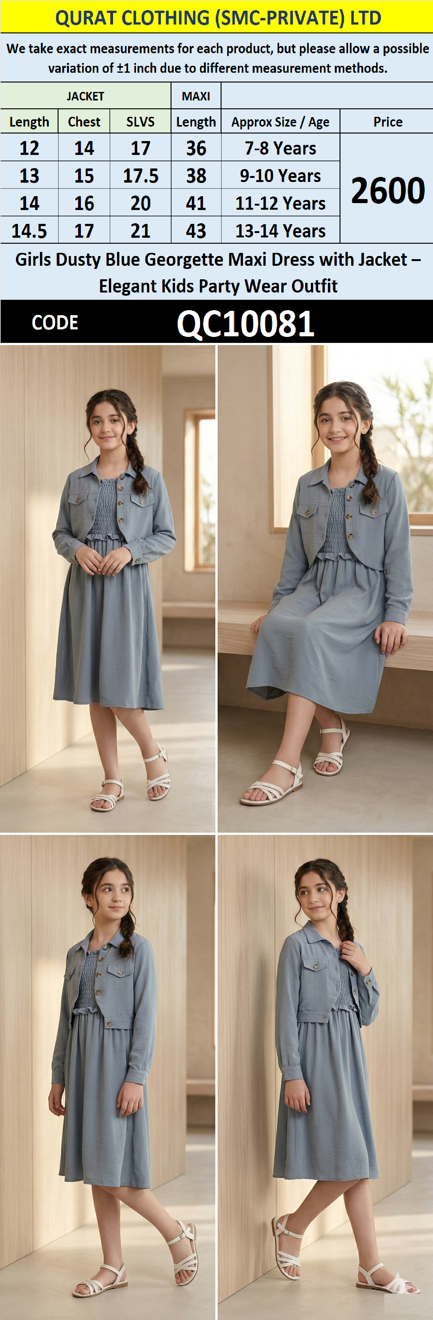 Girls Dusty Blue Georgette Maxi Dress with Jacket – Elegant Kids Party Wear Outfit QC10081 - QC10081