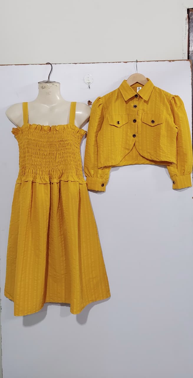 Girls Mustard Yellow Smocked Chiffon Maxi Dress with Cropped Button-Down Jacket – 2 Piece Formal Set QC7067 - QC7067