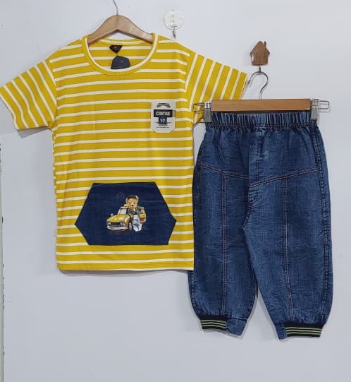 Boys Yellow Striped Cotton T-Shirt with Bear Car Pocket & Denim Shorts Kids Summer QC10283 - QC10283