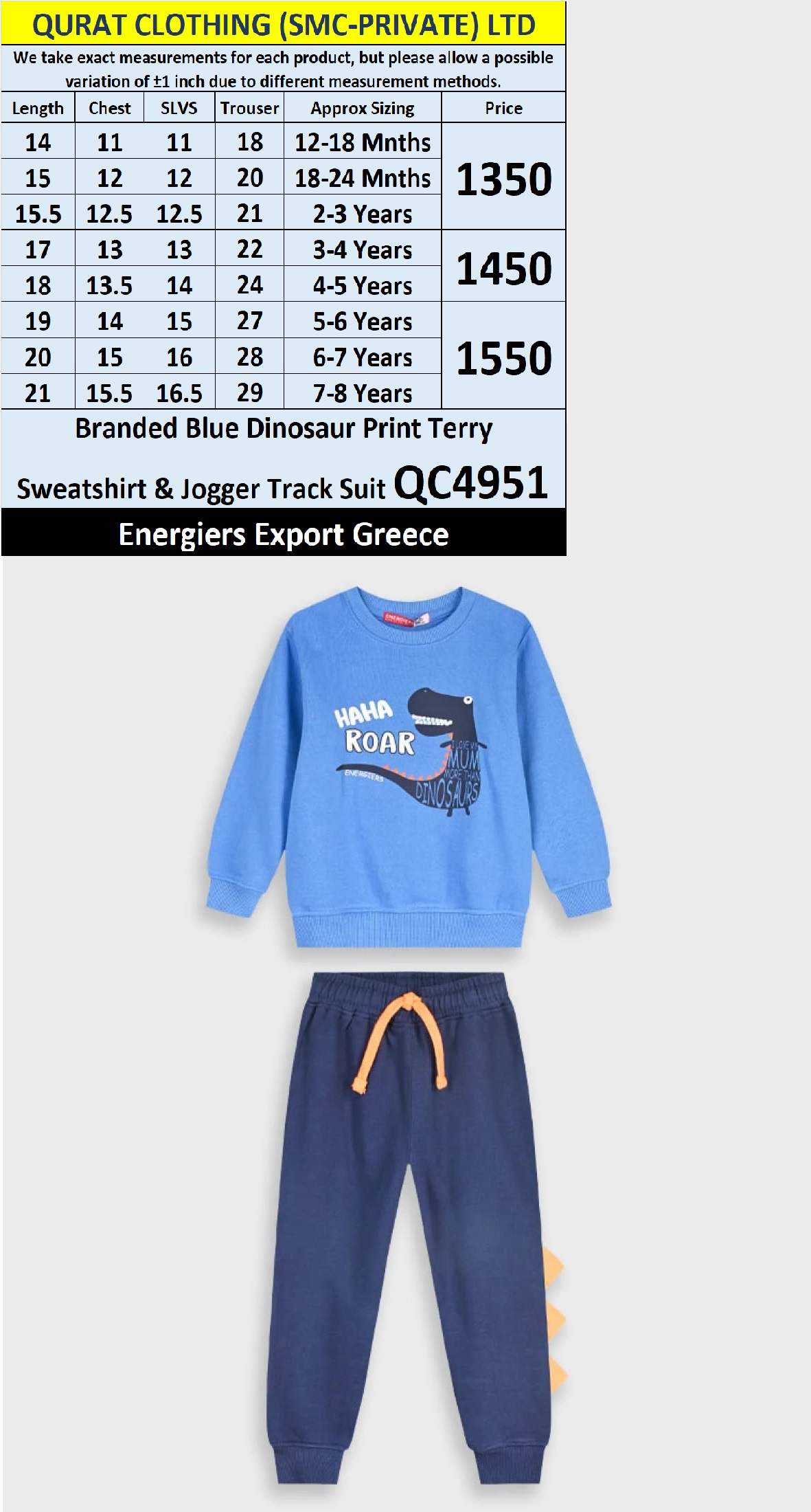 Energiers Brand Blue “HAHA ROAR I Love My Mum More Than Dinosaurs” Sweatshirt & Jogger Track Suit QC4951 – Export Greece - QC4951